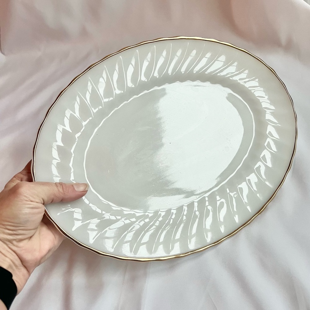 Vintage Fire King Milk Glass Swirl Platter, Gold Trim, 13" Oval Serving Dish